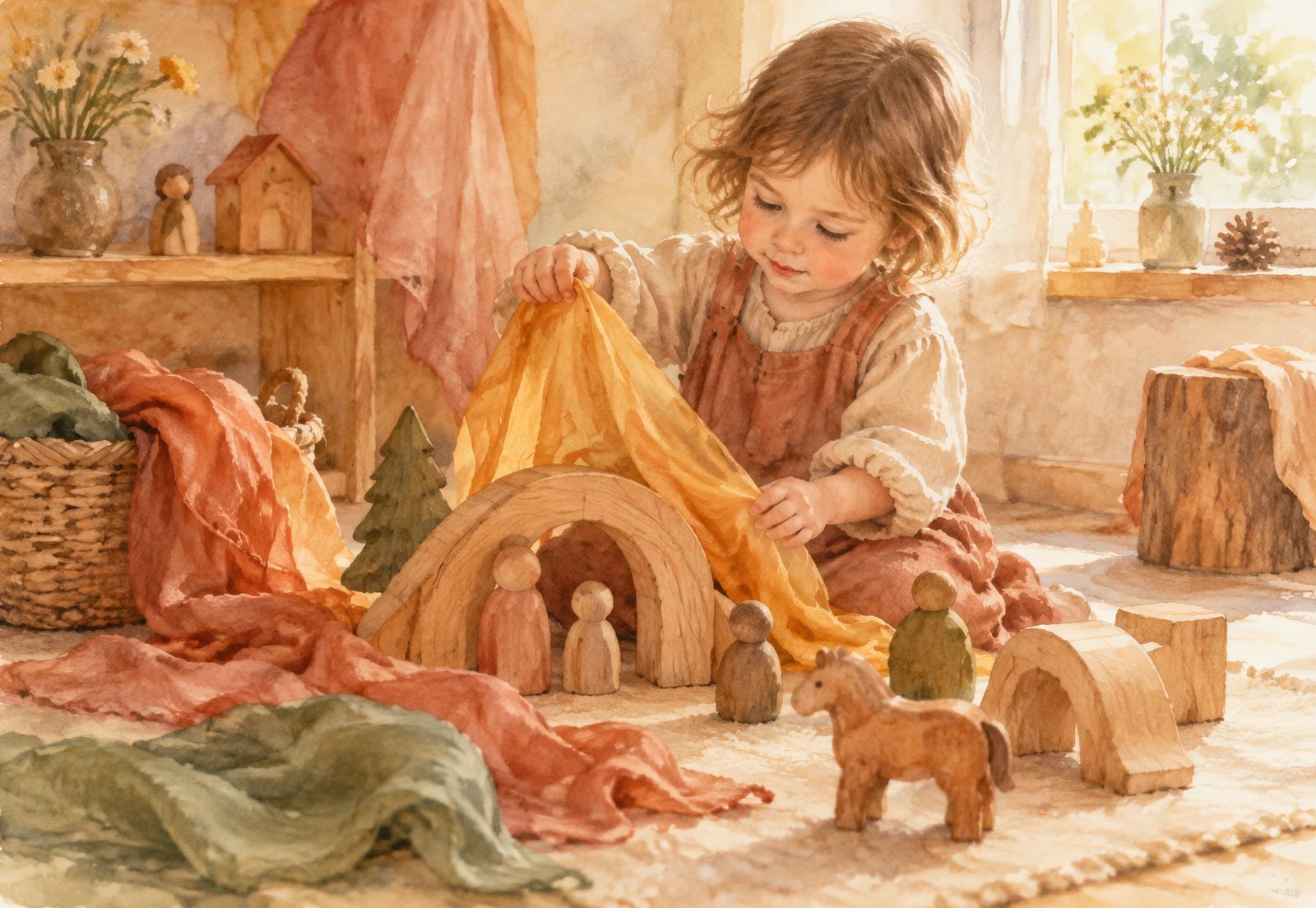 Niña pequeña jugando con juguetes de madera y telas de seda en una sala Waldorf